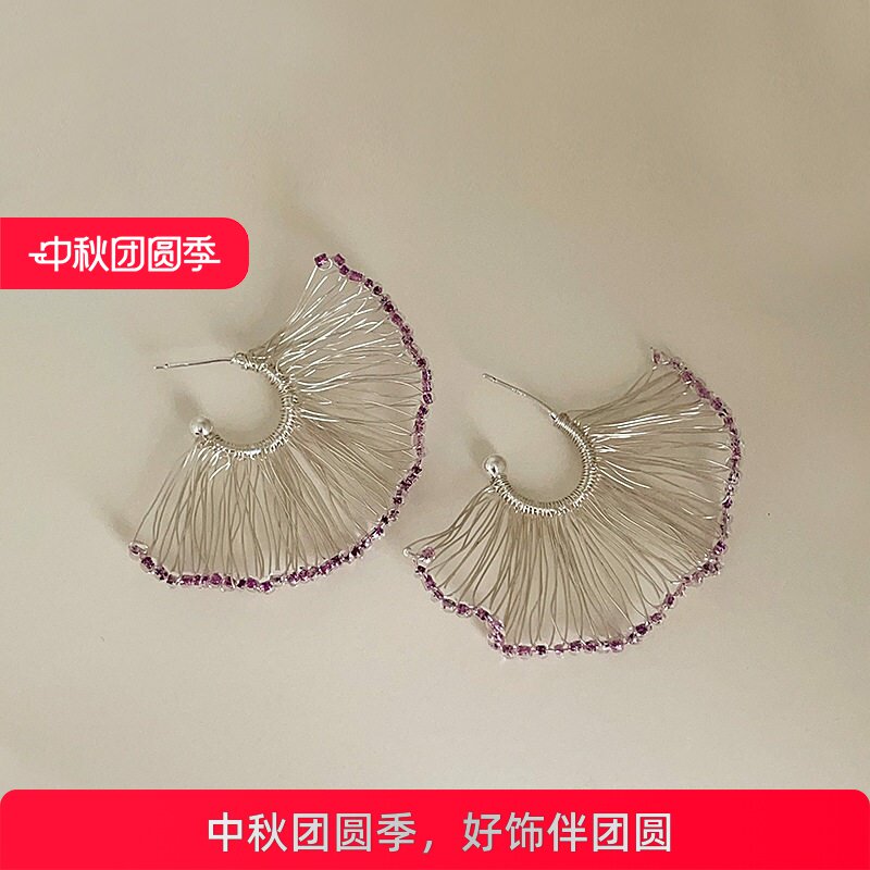线条缠绕编织紫色串珠扇形耳钉女夸张个性精致潮流时尚耳环耳饰