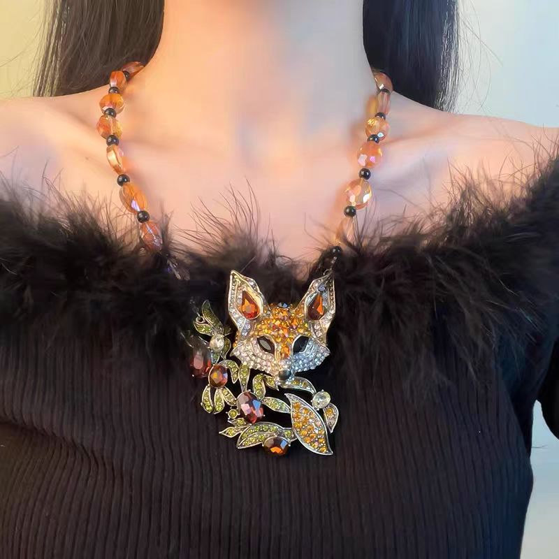 中古vintage镶钻水晶狐狸吊坠项链甜酷风夸张设计毛衣链百搭配饰