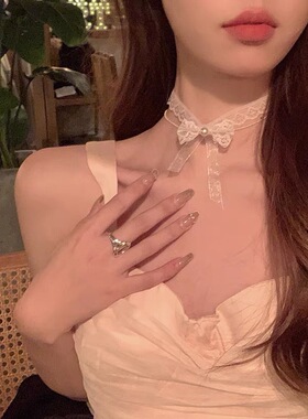 超仙超甜妹纯欲风颈链新款温柔白色蕾丝双层蝴蝶结choker项链项圈