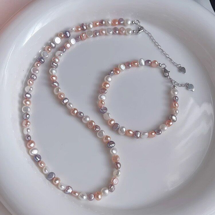 巴洛克异形淡水珍珠项链女粉白紫搭配锁骨颈链气质时尚多巴胺项链