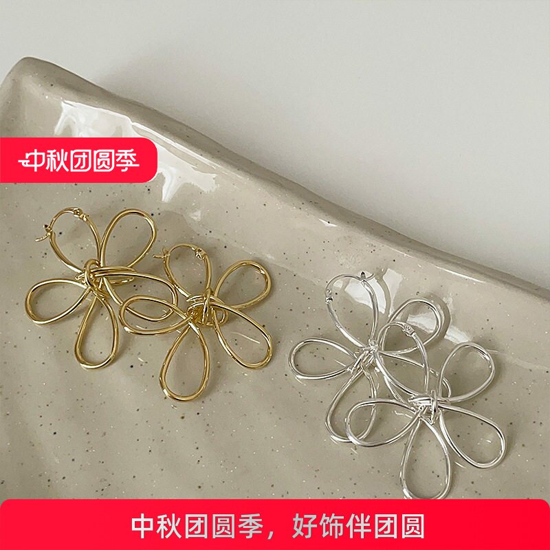 缕空线条金属花朵耳扣女简约小众个性时尚精致优雅百搭耳环耳饰
