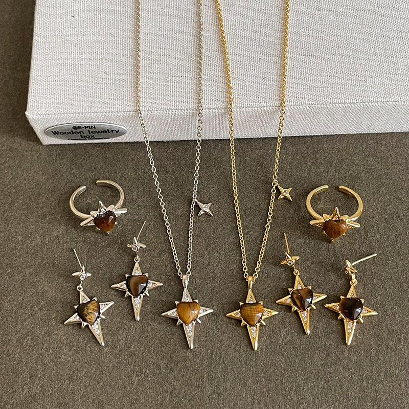 爱心虎眼石星芒吊坠项链耳钉戒指女复古个性时尚潮流颈链锁骨链