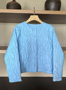 天蓝色显白洋气圆领设计夹棉短外套