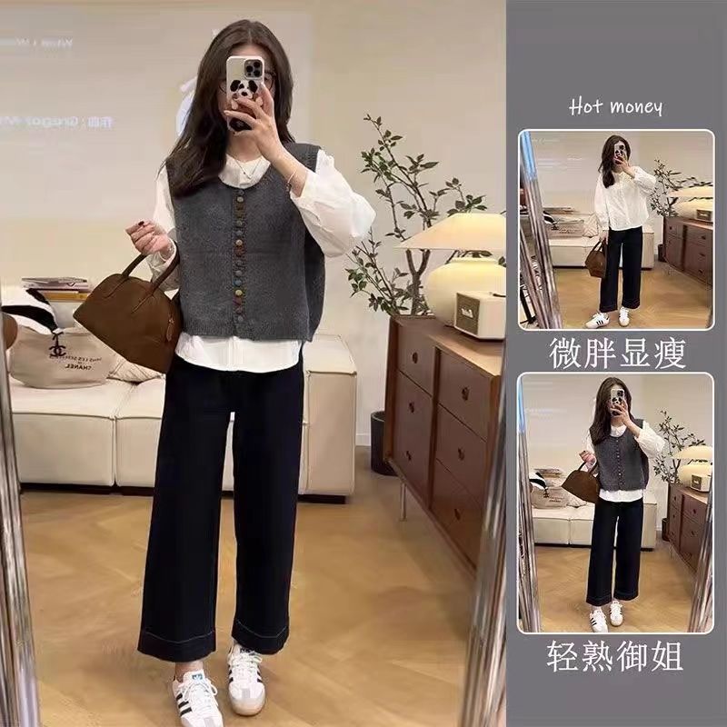 秋冬穿搭一整套女新款百搭针织马甲圆领衬衫阔腿牛仔裤三件套