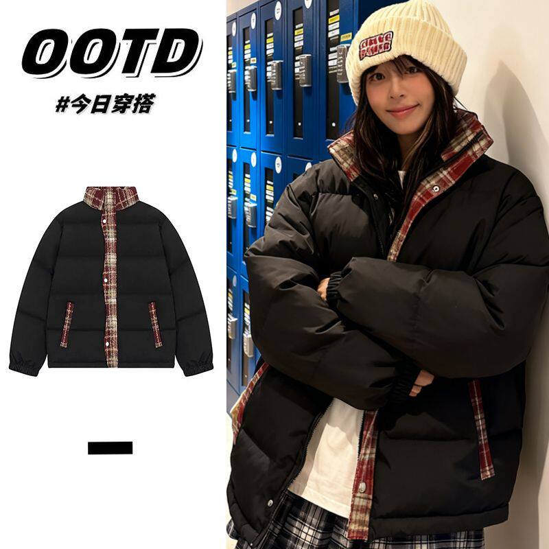 韩版复古格子拼接棉衣棉服男女款冬季加厚保暖立领面包服棉袄外套