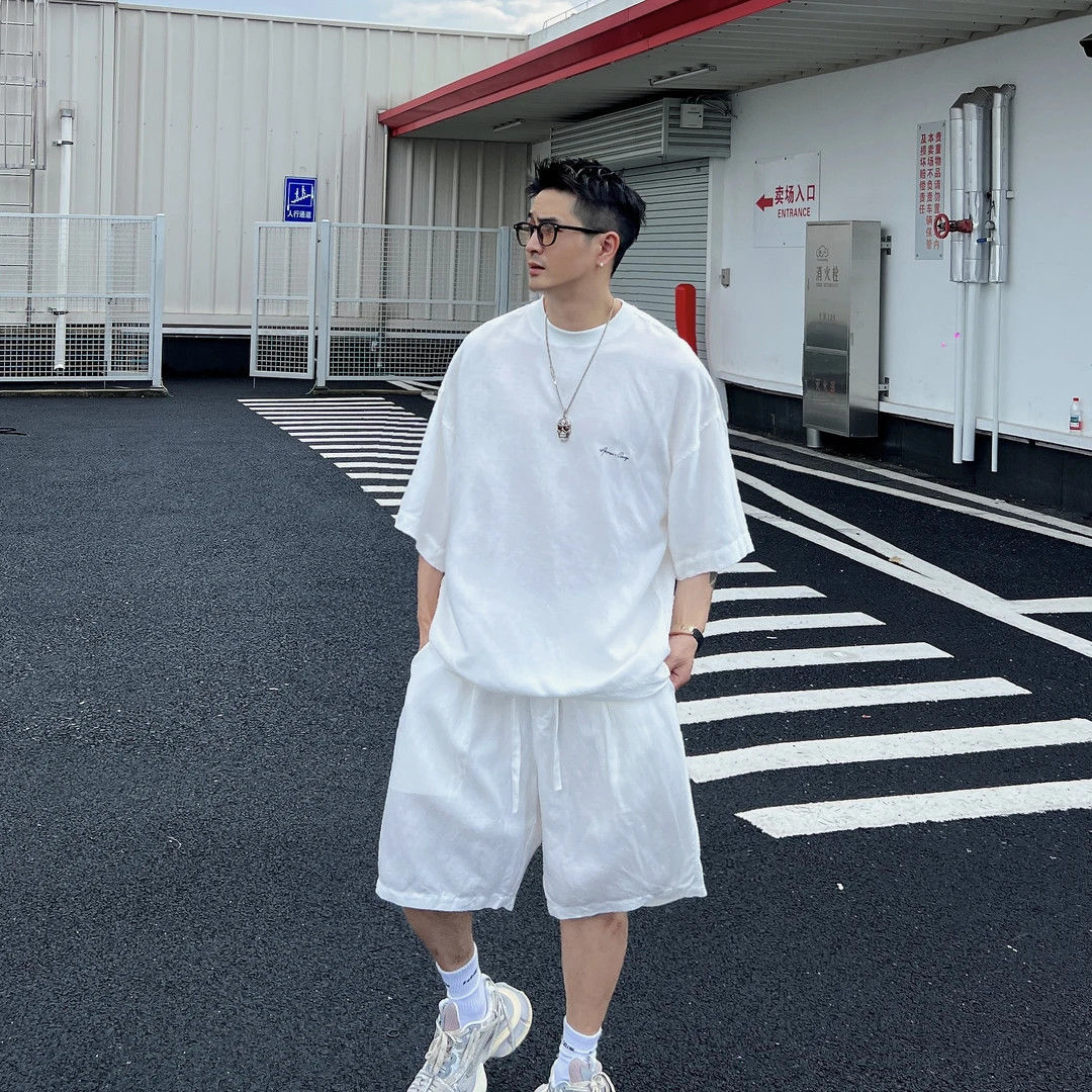 夏季新款时尚百搭休闲潮流质感简约短袖男士上衣短裤套装夏季穿搭