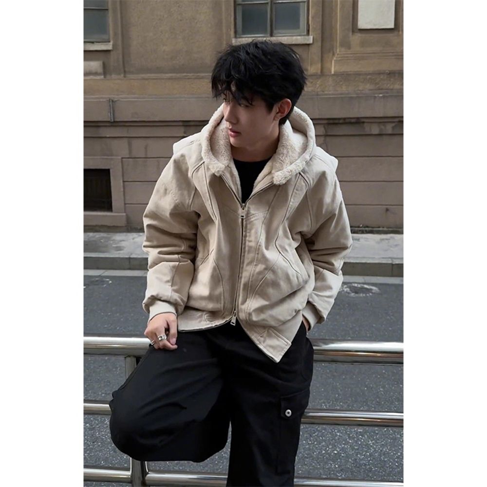 座山雕夹棉座山雕加绒外套男款cleanfit重磅帆布短款连帽飞行员