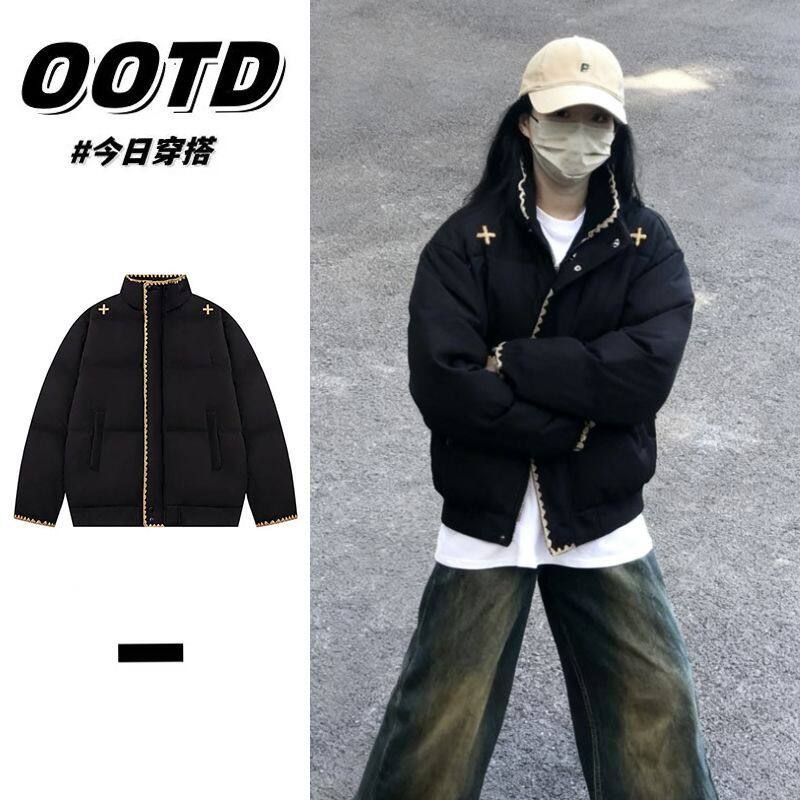 冬季韩版简约情侣款面包服基础防风立领刺绣男女保暖加厚棉服棉衣