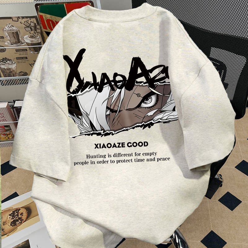 花灰色新款美式重磅纯棉短袖T恤男女情侣印花宽松五分袖半袖体恤