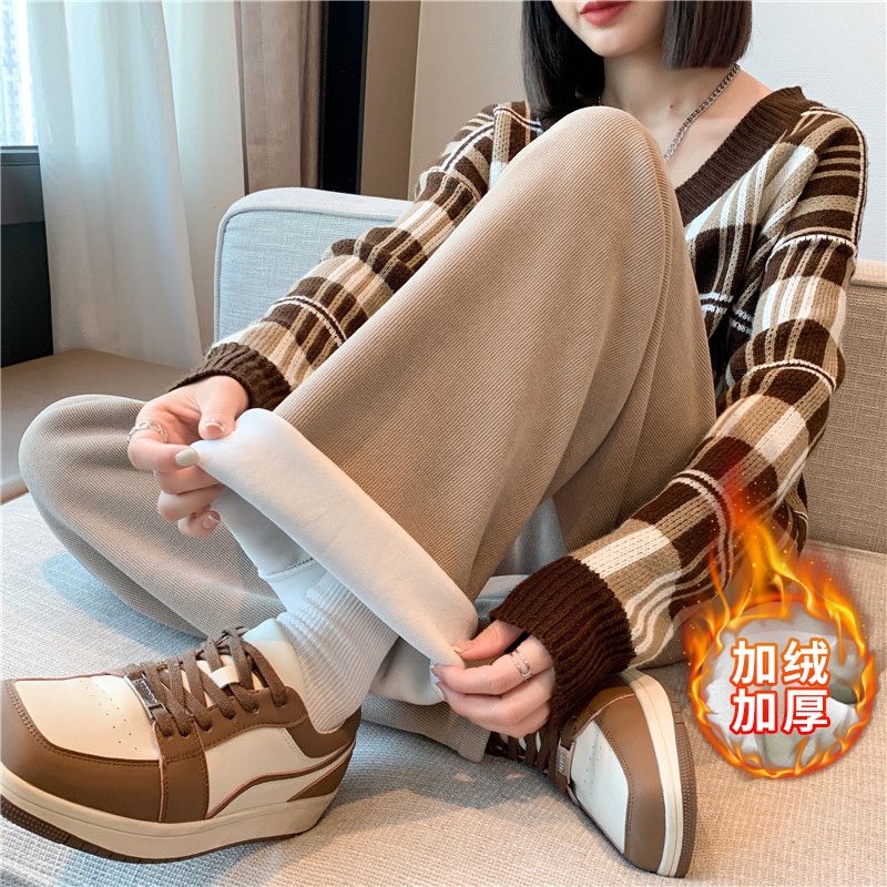 实拍加绒裤子女裤冬季加厚宽松直筒新款欧棉绒阔腿休闲运动裤