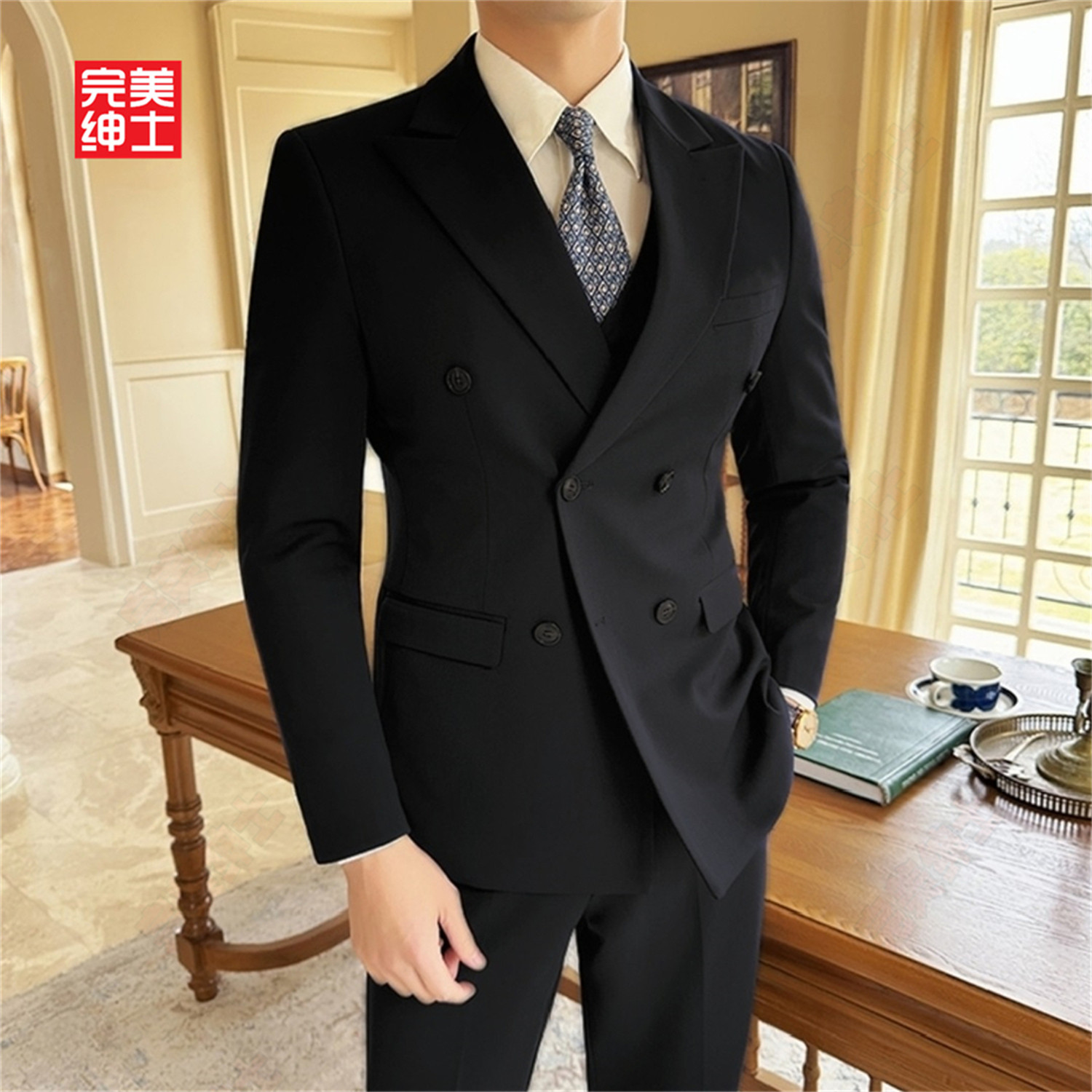 双排扣戗驳领西装男款高级感胖子穿大码结婚礼服男士西服套装高档