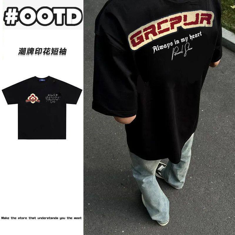 夏季潮牌复古字母印花纯棉t恤ins男女美式街头设计感宽松短袖上衣