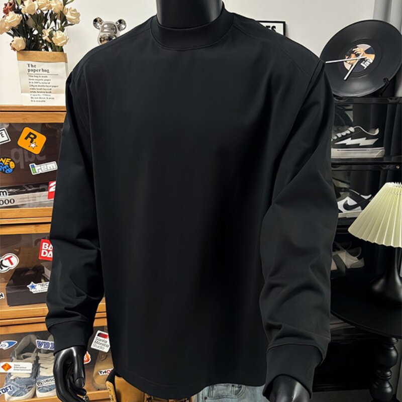 美式重磅圆领卫衣男款秋季纯棉正肩小领口长袖t恤黑色内搭打底衫