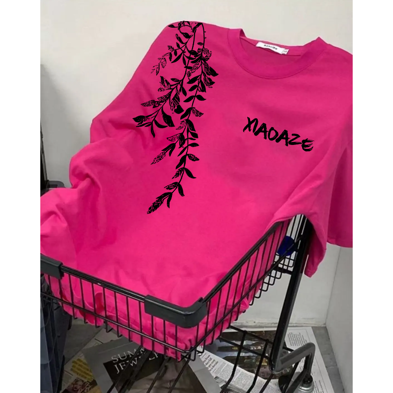 玫红色夏季美式左边树叶T恤男女新款短袖ins潮牌情侣宽松上衣半袖