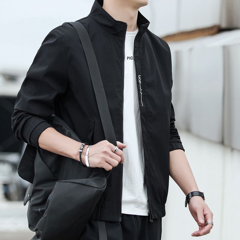 2020新款秋装韩版潮流休闲帅气男士潮牌纯色刺绣外套百搭夹克男装