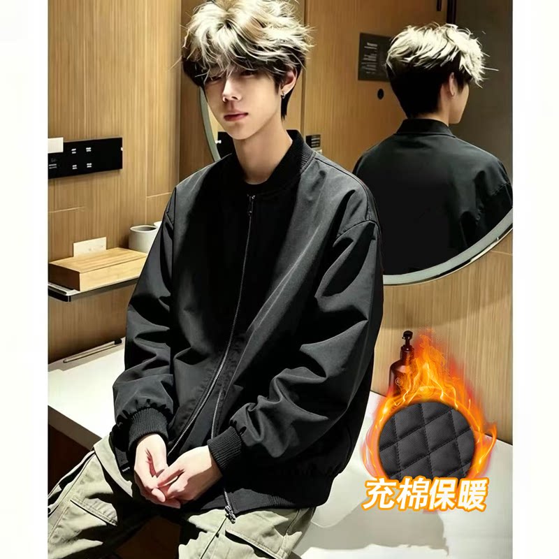 美式纯色拉链设计感棒球服男女秋冬潮牌宽松黑色加厚保暖夹克外套