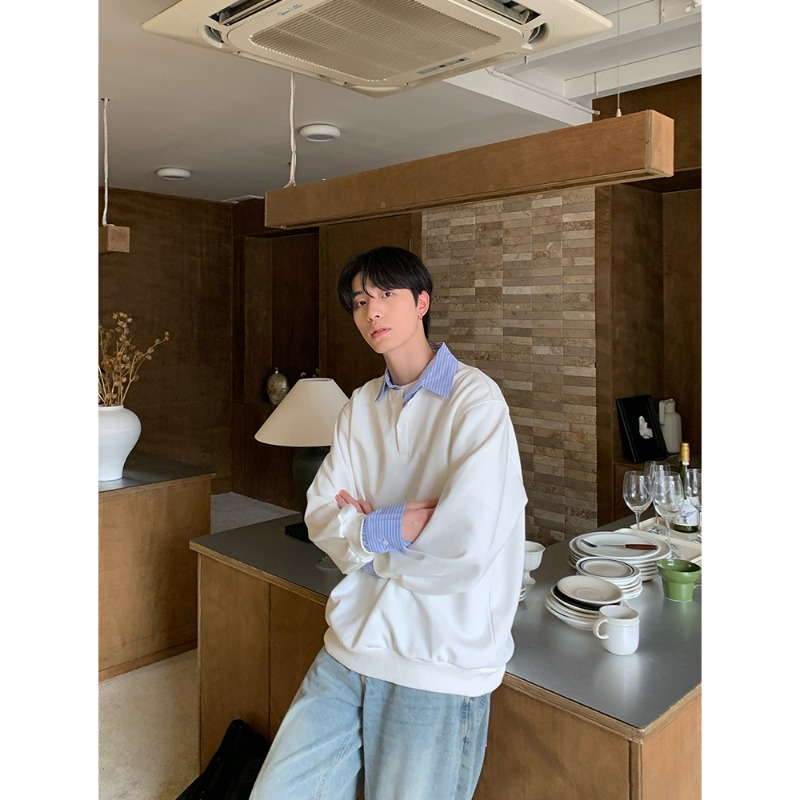 假两件撞色拼接衬衫领卫衣男女秋季长袖翻领宽松情侣款设计感上衣