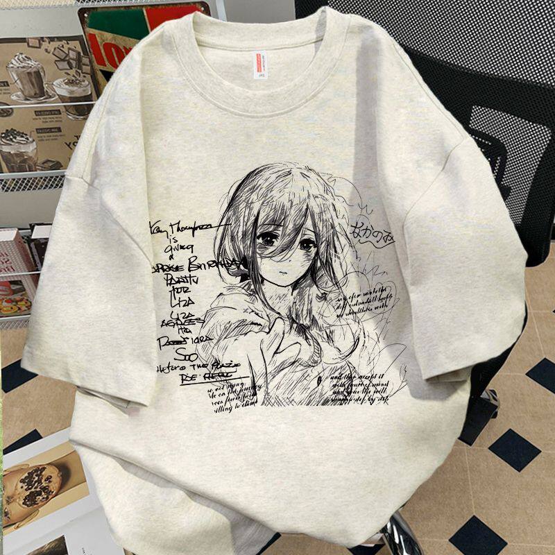 纯棉花灰色日系手绘漫画风印花短袖夏季男女ins情侣款重磅T恤上衣