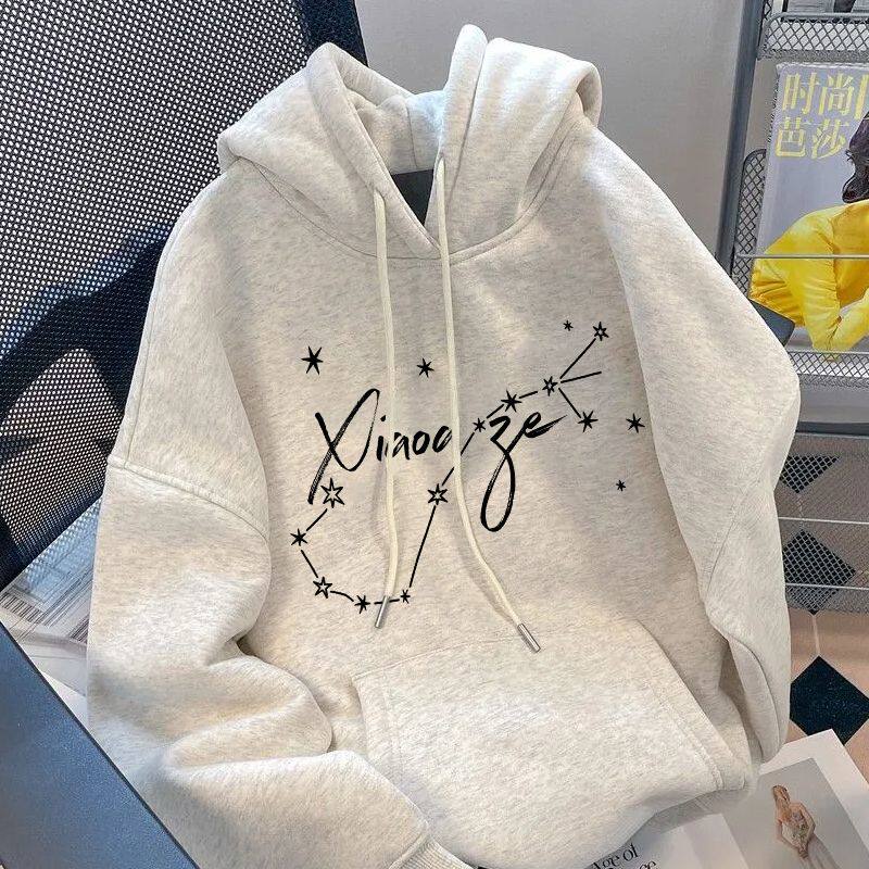 美式潮牌印花纯棉花灰色连帽卫衣男女秋冬加绒加厚情侣慵懒风帽衫