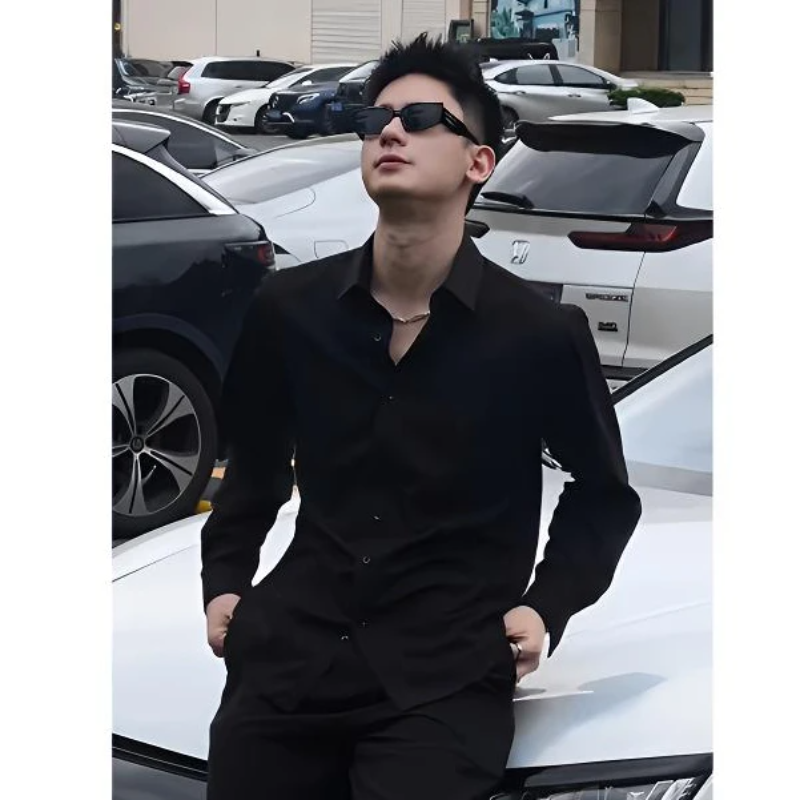 高级感痞帅潮流新款男装长袖衬衫男春季西装内搭修身衬衣黑色上衣