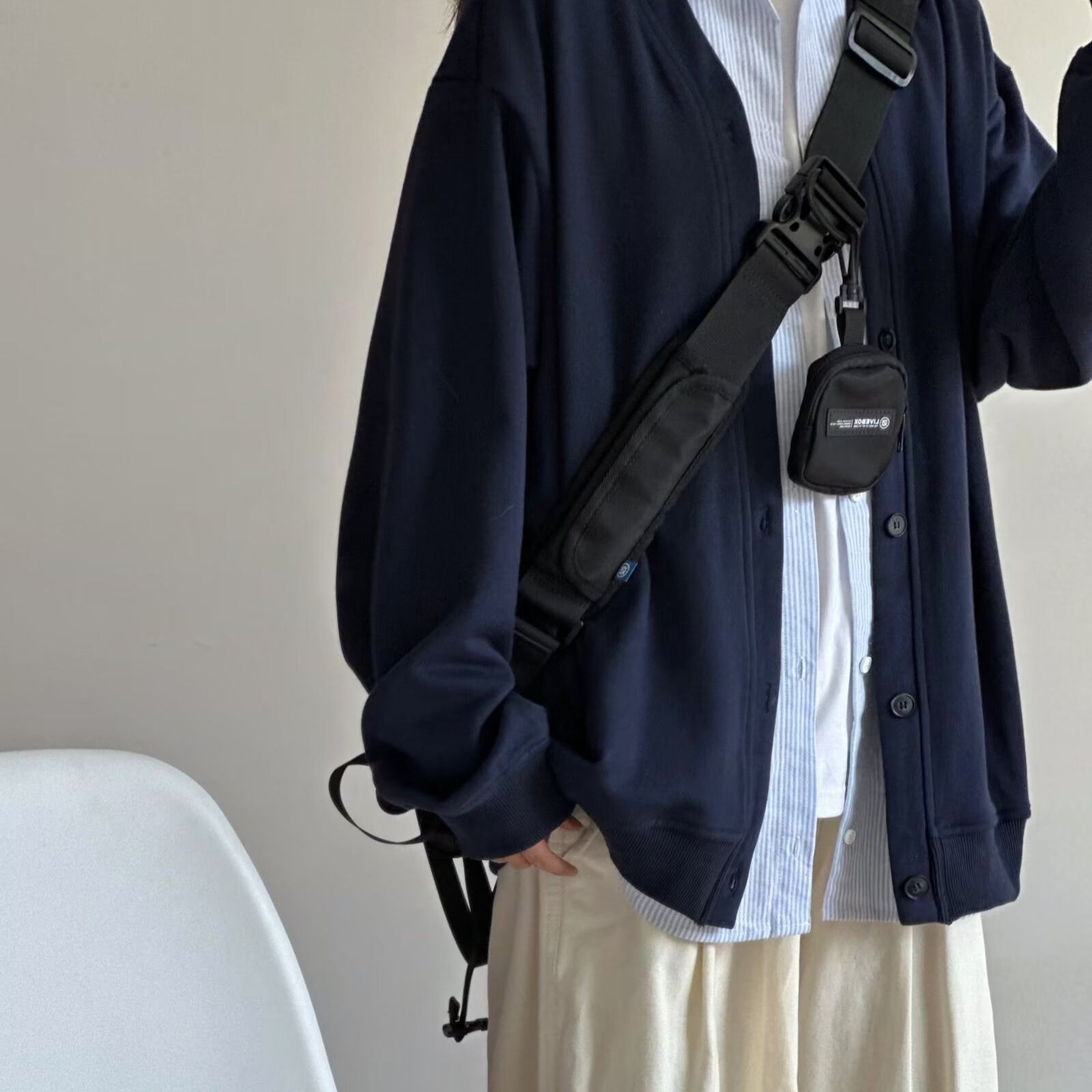 日系假两件开衫卫衣男女藏蓝色春秋基础款衬衫情侣长袖针织衫外套