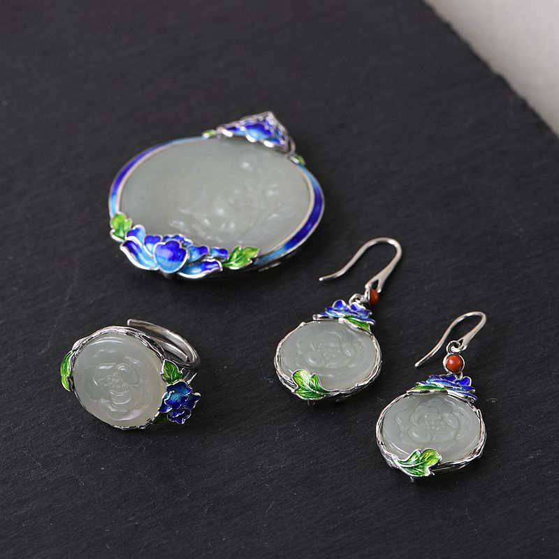 春锋似瀚 s925银耳坠 女时尚银烧蓝牡丹镶嵌和田玉雕花戒指项链