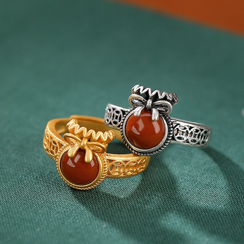 辰锦 s925纯银南红玛瑙个性福袋戒指个性国潮设计感钱袋开口指环