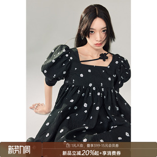 MODA泡泡袖 DIDDI 黑白碎花连衣裙女花朵系带公主裙 清仓特惠