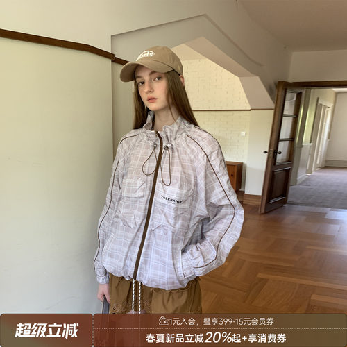 DIDDIMODA轻盈时尚简约口袋格纹印花宽松防晒服女夏薄款UPF50+