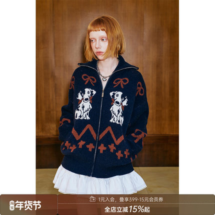 DIDDIMODA董洁同款 原创小狗蝴蝶结毛衣秋季高领拉链针织开衫外套