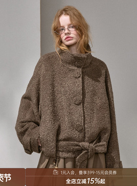 DIDDI MODA 花苞立领呢子羊驼毛混纺保暖挺括毛呢大衣女短款