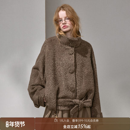 DIDDI MODA 花苞立领呢子羊驼毛混纺保暖挺括毛呢大衣女短款