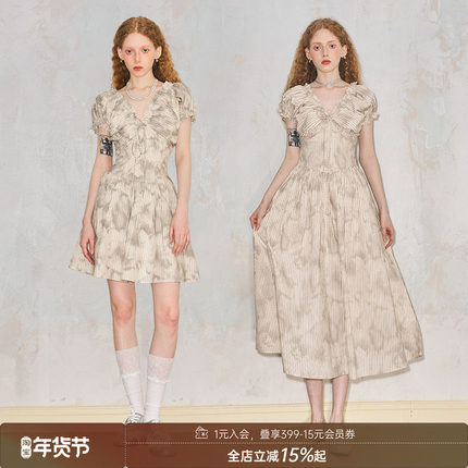 【清仓特惠】DIDDI MODA俏皮少女感泡泡袖连衣裙V领法式连衣裙女