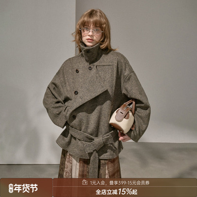DIDDIMODA 翻领妮子羊毛混纺毛呢大衣女短款双排扣立领呢子大衣