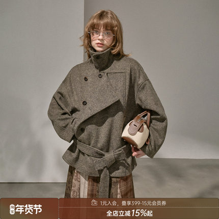 DIDDIMODA 翻领妮子羊毛混纺毛呢大衣女短款双排扣立领呢子大衣