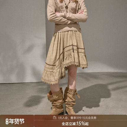 DIDDIMODA 原创设计 不规则波浪拼接超好看格子半身裙中长款半裙