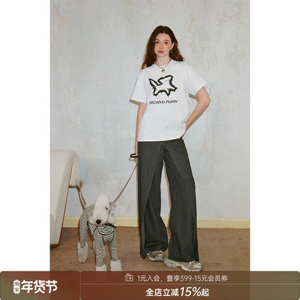 DIDDI MODA电音炸毛小狗印花T恤圆领宽松落肩垂感舒适短袖上衣女