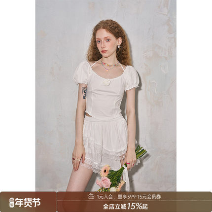 【清仓特惠】DIDDIMODAT恤女修身简约短袖方领泡泡袖针织上衣夏季