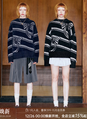 DIDDI MODA设计感北极绒蝴蝶结条纹提花毛衫黑色圆领长袖针织毛衣