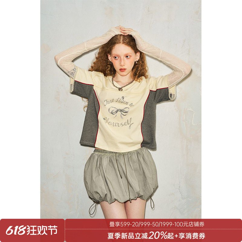 DIDDI MODA运动少女蝴蝶结樱桃印花短袖T恤V领时尚拼接透气球服