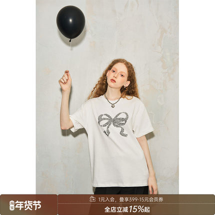 DIDDI MODA蝴蝶结闪闪珠片刺绣T恤慵懒宽松圆领别致独特短袖上衣