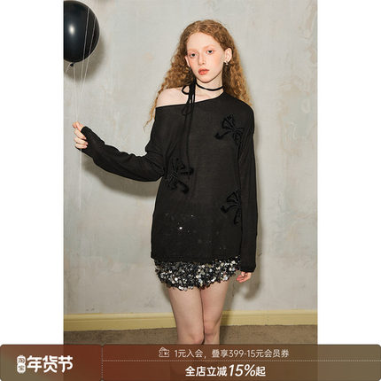 DIDDI MODA慵懒斜肩蝴蝶结中空贴布绣一字肩上衣宽松系带长袖T恤