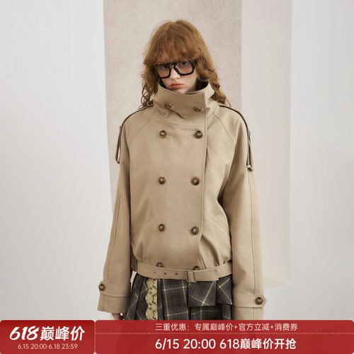 DIDDIMODA 拼色大双排扣立领防风宽松短款风衣外套春季新款