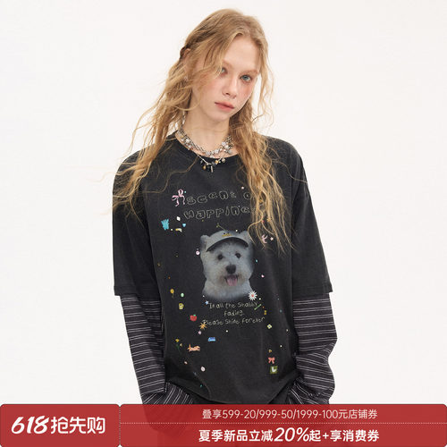 DIDDI MODA卡通贴画彩色烫钻拼接长袖宽松型圆领全棉t恤女士新款
