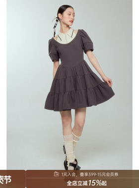 DIDDI 原创设计 背心假两件撞色连衣裙文艺复古灰色拼接蓬蓬裙春