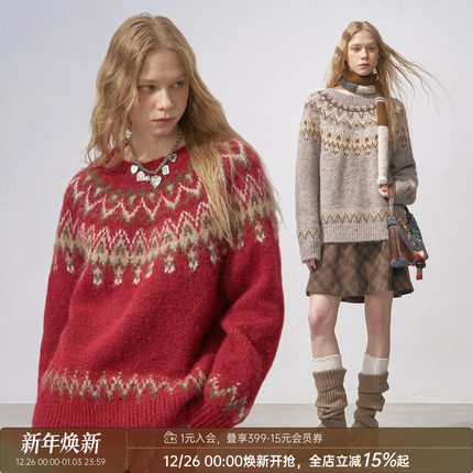 DIDDIMODA 节日感费尔岛圣诞跨年装圆领毛衣女宽松套头针织衫