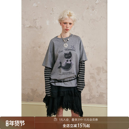DIDDI MODA  舒适宽松层次感美人鱼猫猫假两件圆领长袖t恤女