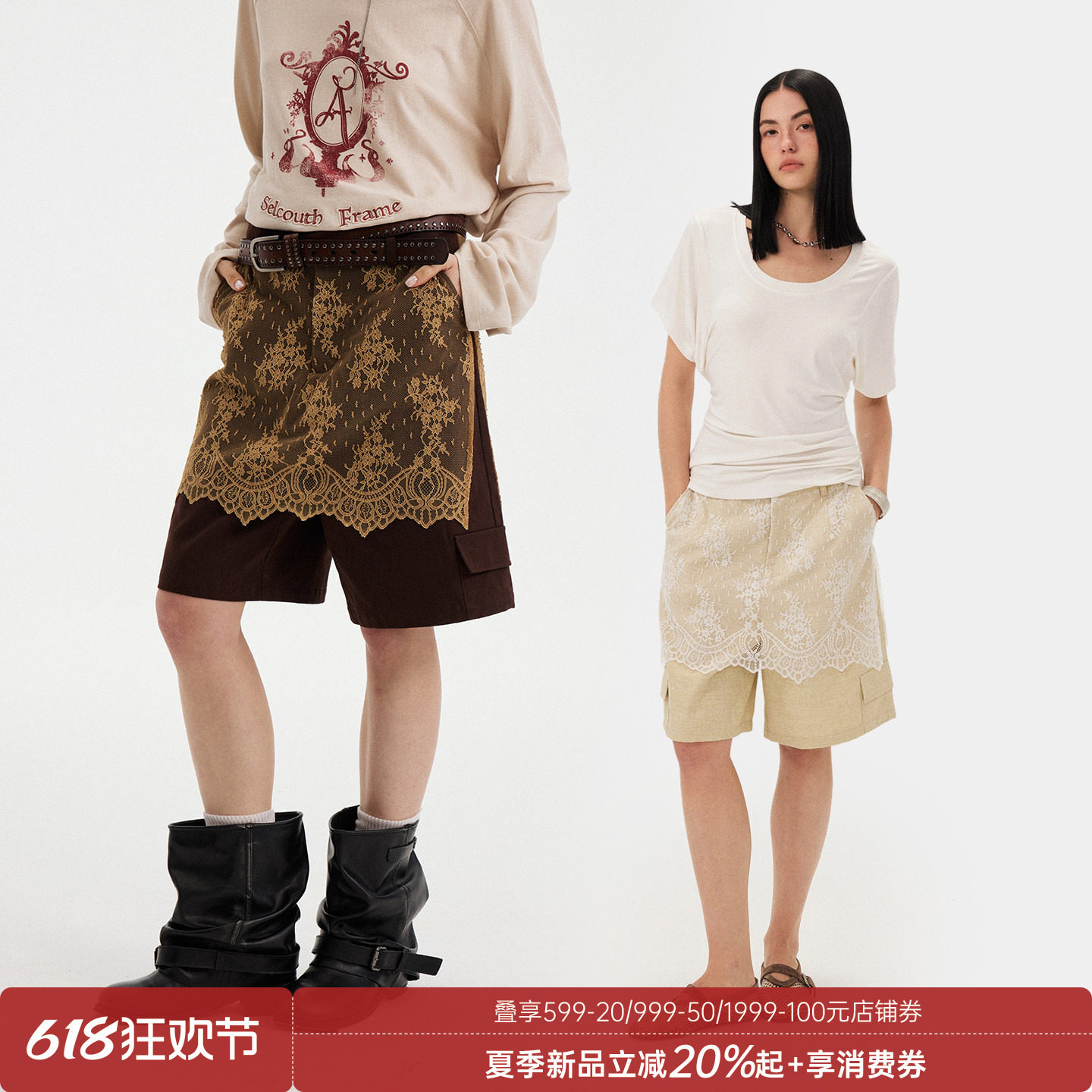 DIDDIMODA蕾丝拼接宽松休闲透明黄工装直筒中裤女2026新款夏