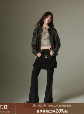 【清仓特惠】DIDDI MODA叠穿复古风假两件百褶裙裤高腰微喇叭裤