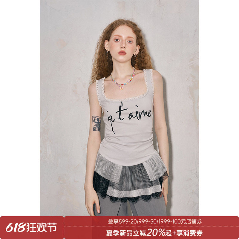 DIDDIMODA 字母印花方领无袖修身甜酷蕾丝拼接背心上衣女